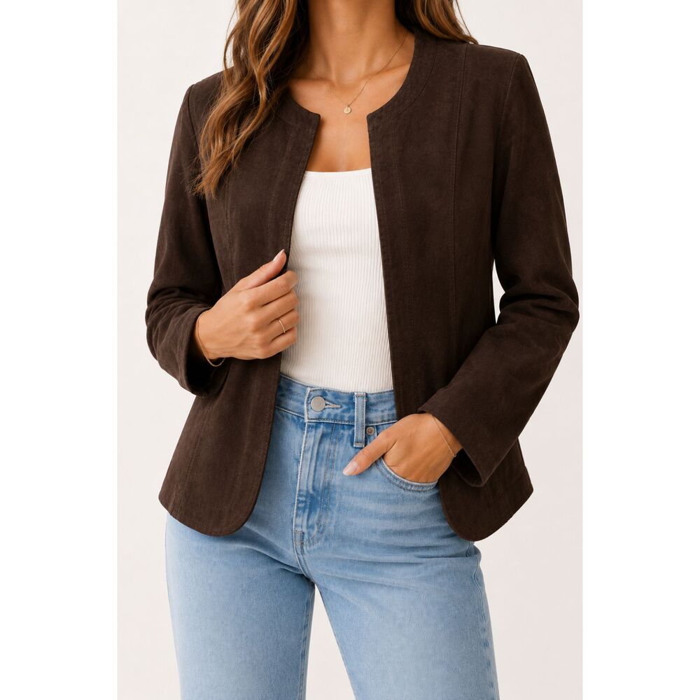 Jones New York Collection Brown Suede Leather Jacket Women's Large Open Front